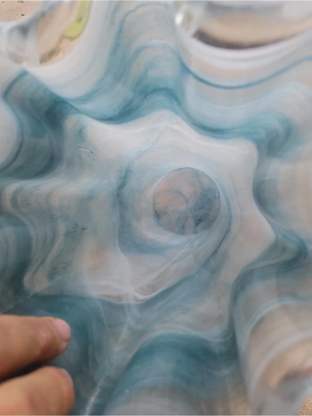 Large Hand Blown Blue & White Swirl Art Glass Ruffled Vase 15.5